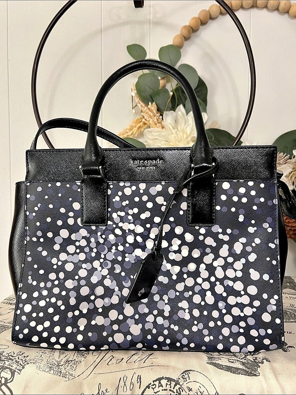 kate spade new york Cameron Soiree Dot Medium Satchel in black and blue multi.
